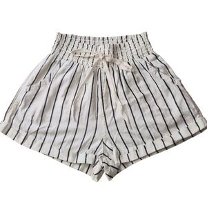 Sim & Sam Striped Cotton Linen Smocked Waist Shorts Cream Navy Small